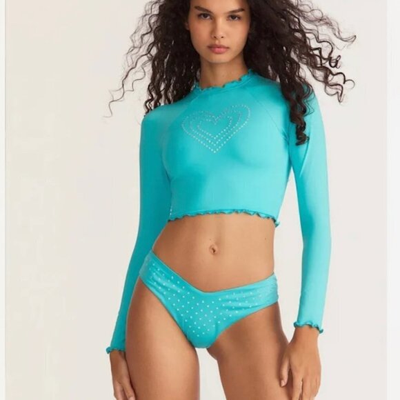 LoveShackFancy Other - LoveShackFancy x Hurley Rhinestone heart Rashguard Top Turquoise Waves XL NWT
